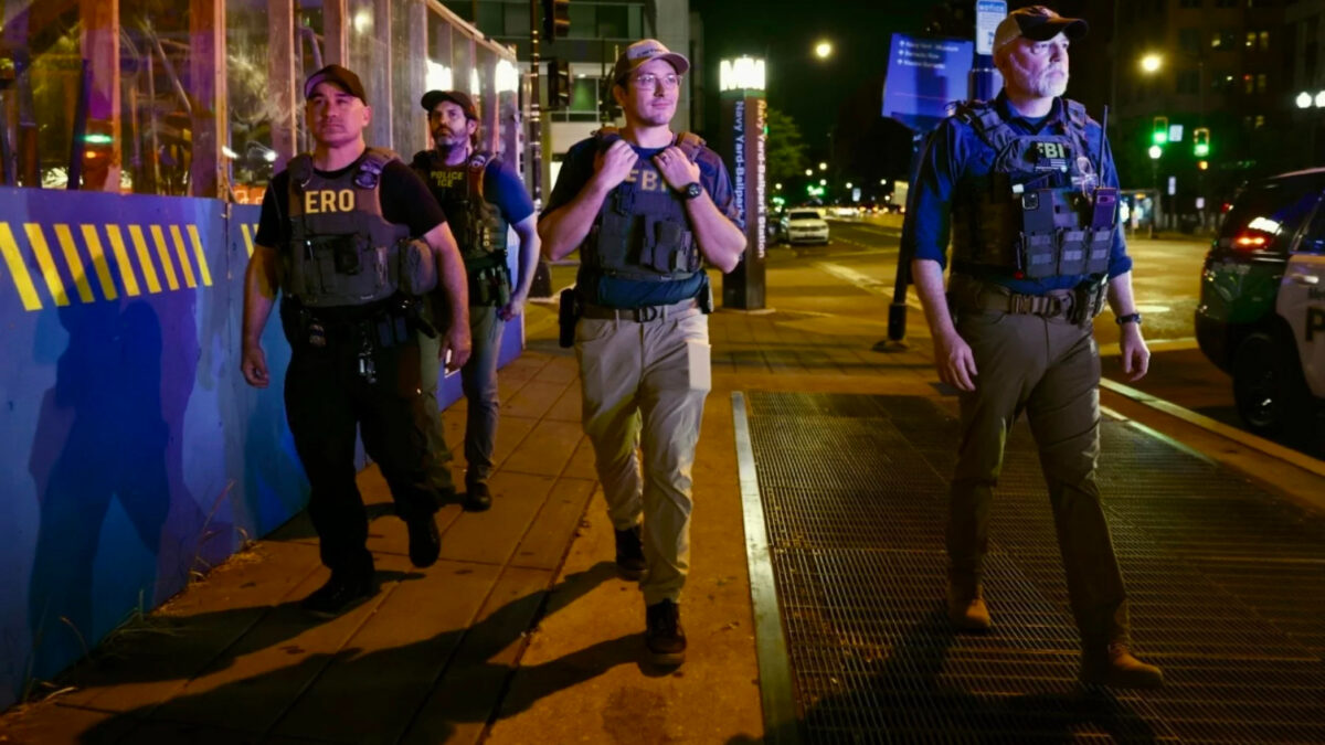 FBI agents and other federal law enforcement agents walk around Navy Yard near the Nationals' stadium in Washington, D.C., on Aug. 10, 2025